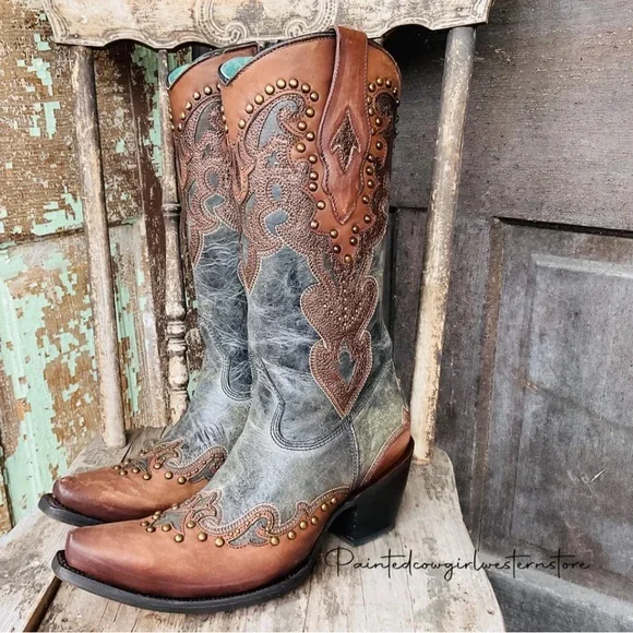 Corral Brown and Gray Embellished Heeled Boots - Picture 1 of 16